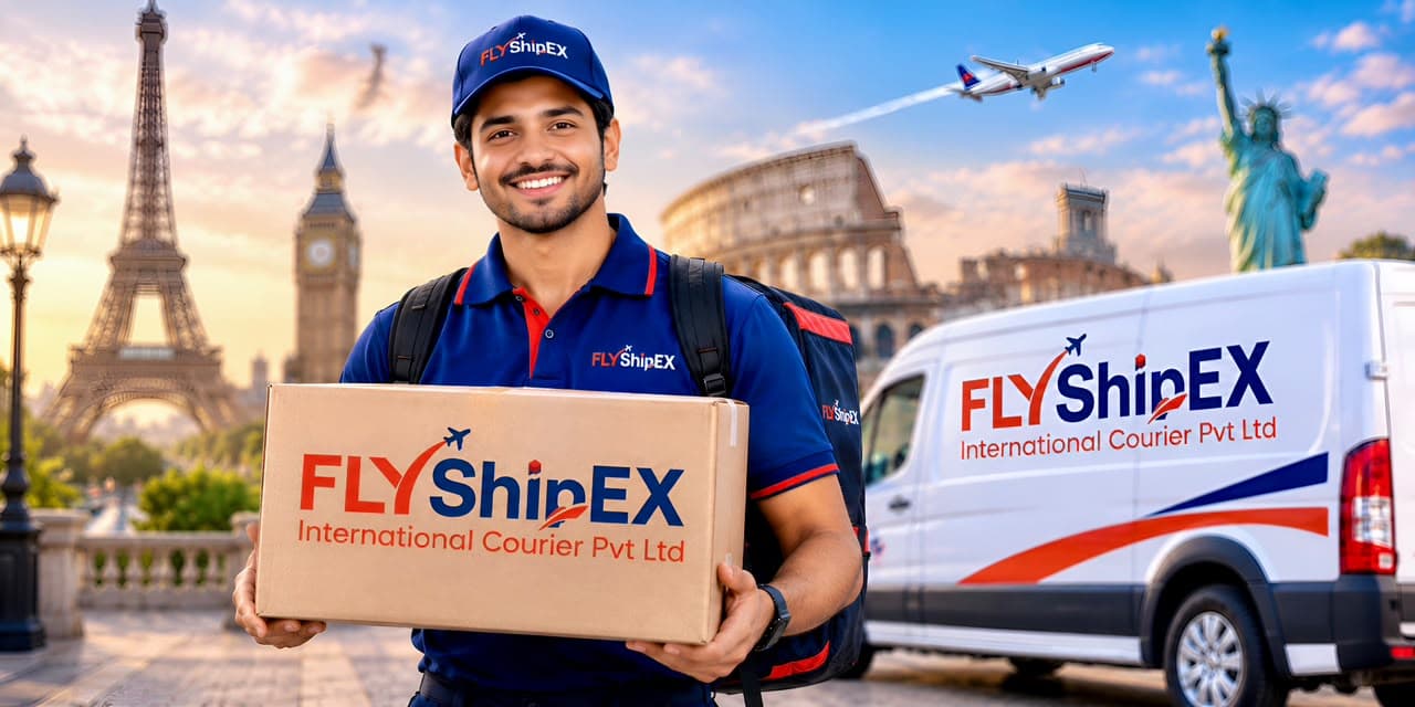 FlyShipEX courier delivering a parcel to a customer
