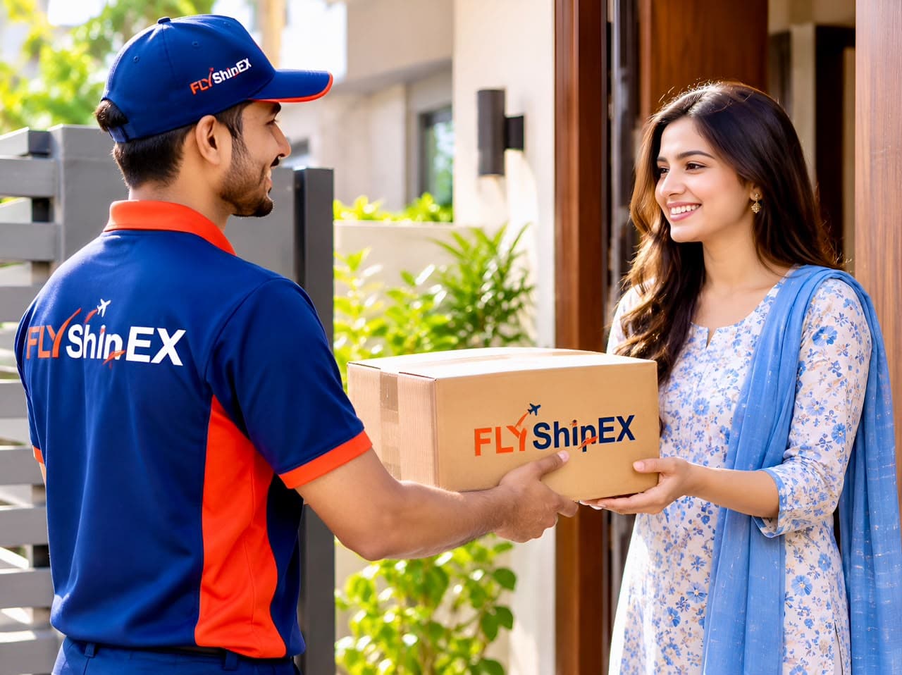 FlyShipEX courier handling a customer delivery
